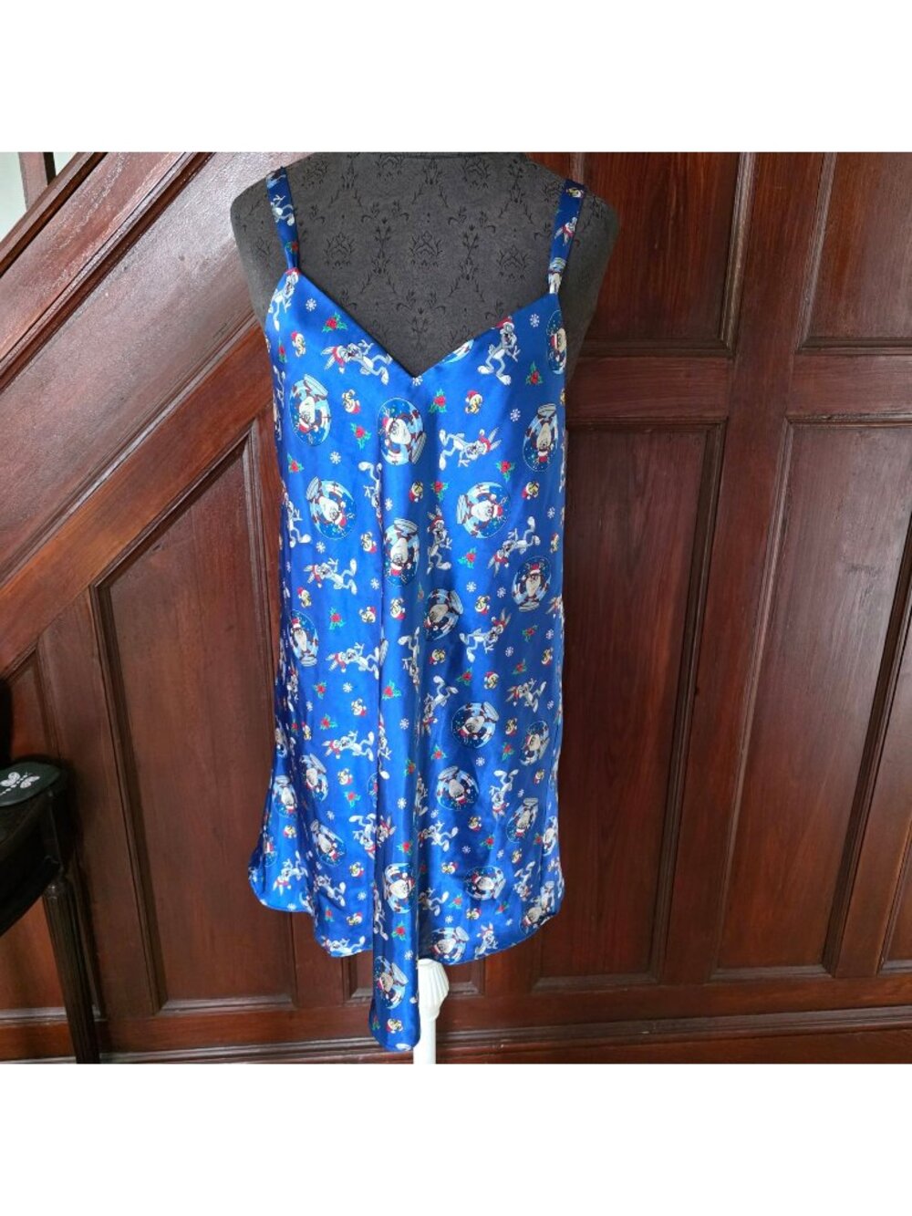 Looney Tunes Womens Christmas Nightgown Blue Satin Bugs Bunny & Tweety Size L